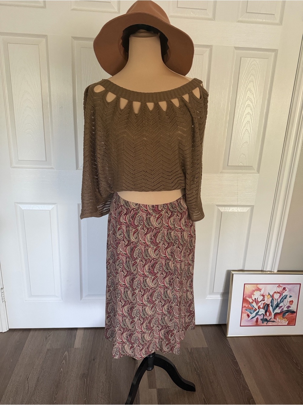 Talbots Red Paisley A-Line Midi Skirt silk